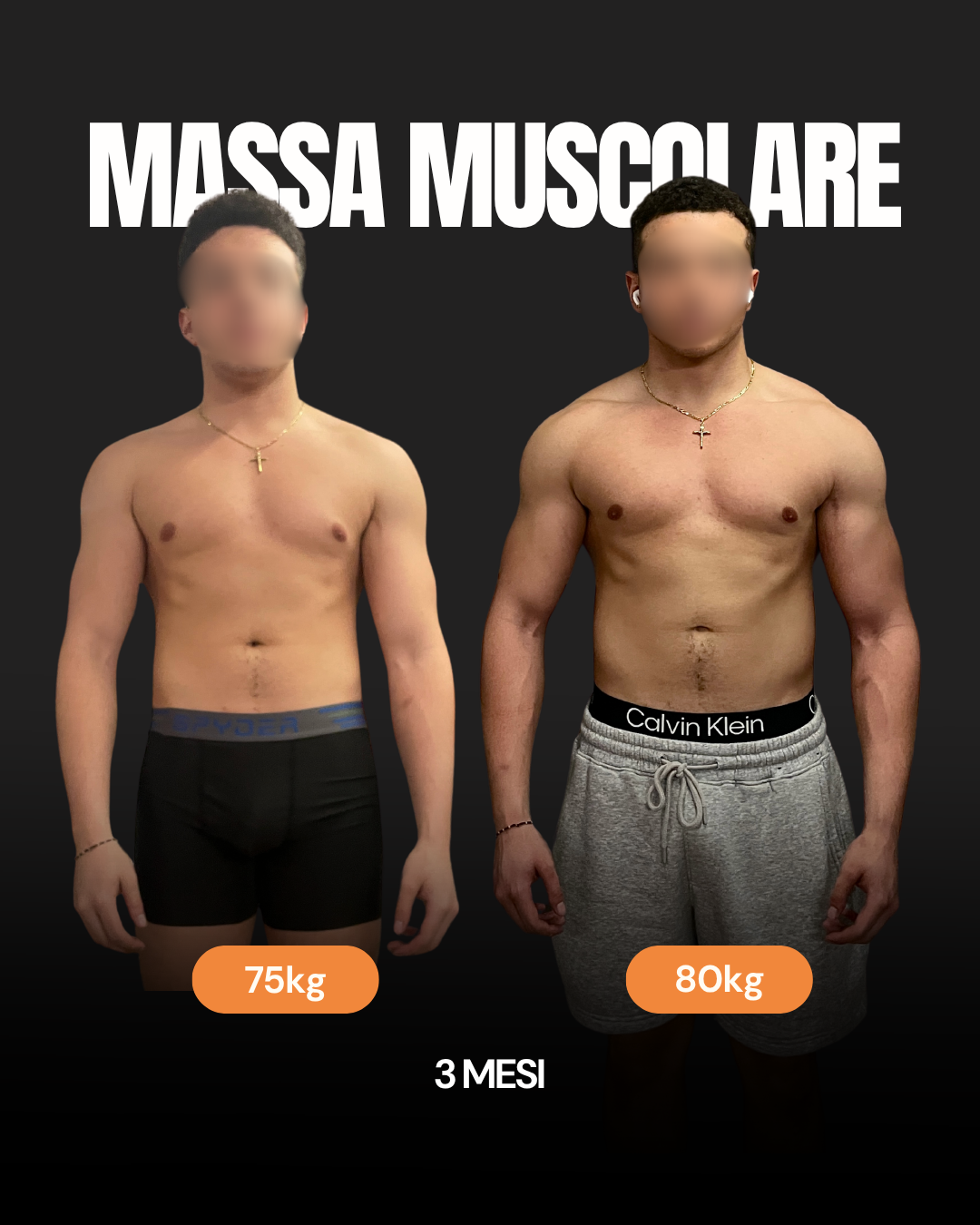Aumento di massa muscolare, vista frontale: prima e dopo 3 mesi