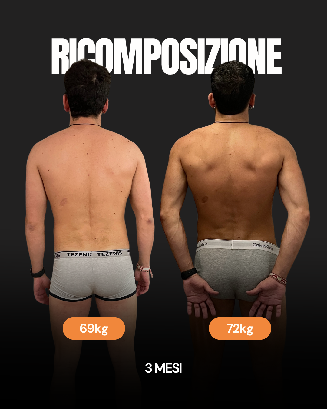 Ricomposizione corporea, vista posteriore: prima e dopo 3 mesi