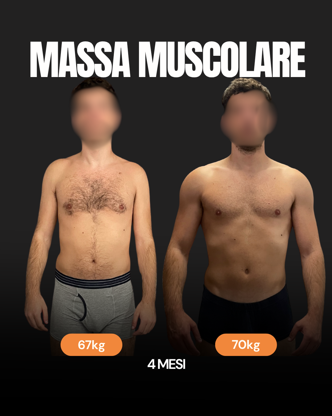 Aumento di massa muscolare, vista frontale: prima e dopo 4 mesi