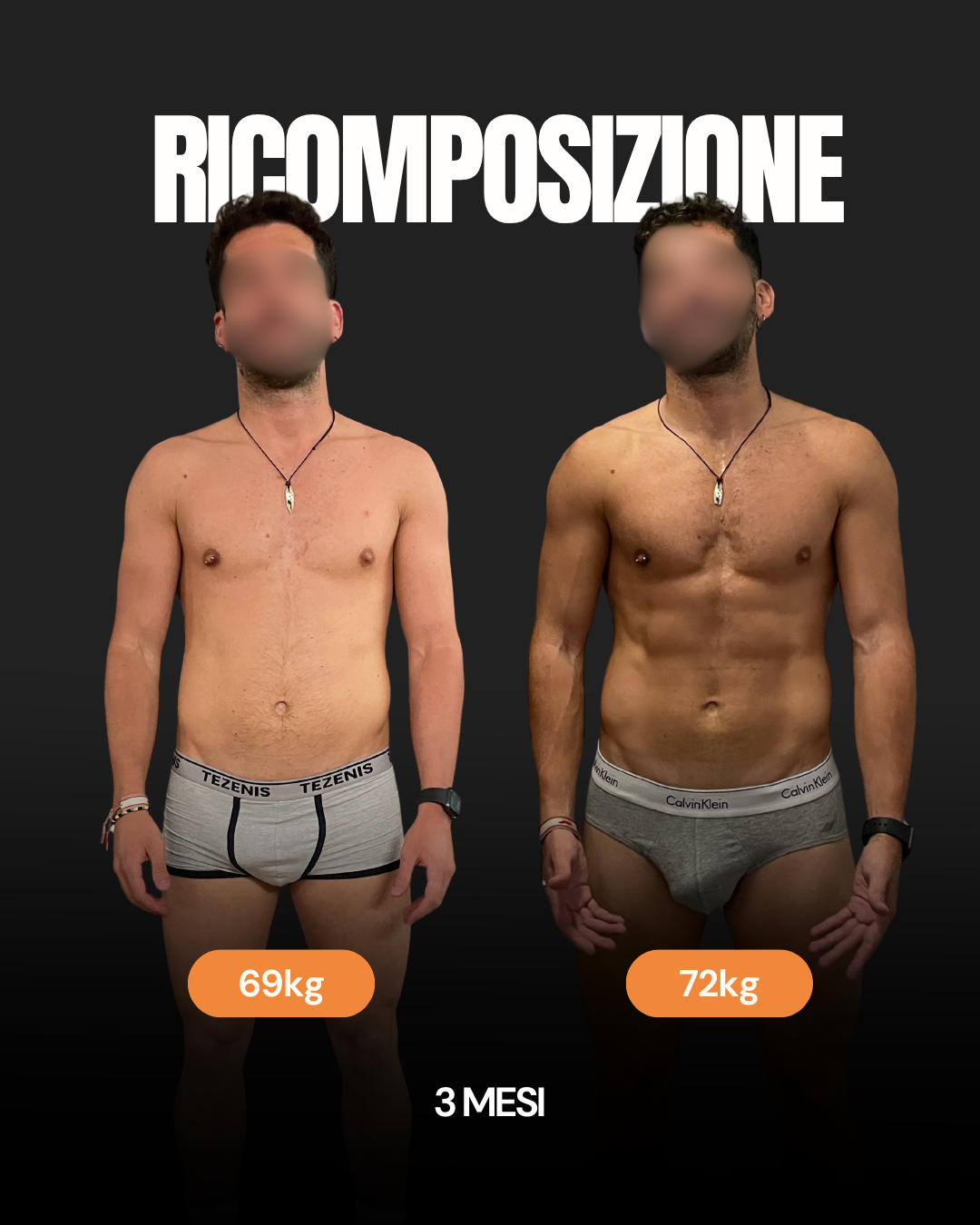 Ricomposizione corporea, vista frontale: prima e dopo 3 mesi