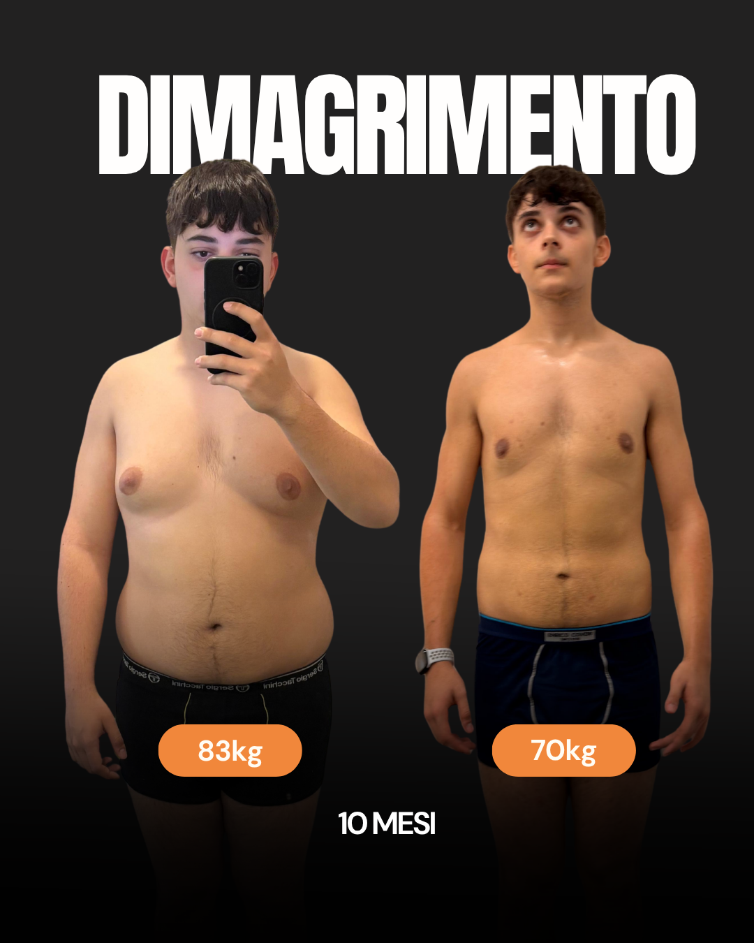 Dimagrimento, vista frontale: prima e dopo 10 mesi, da 83 a 70 kg