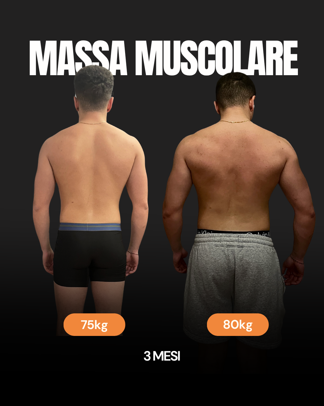 Aumento di massa muscolare, vista posteriore: prima e dopo 3 mesi