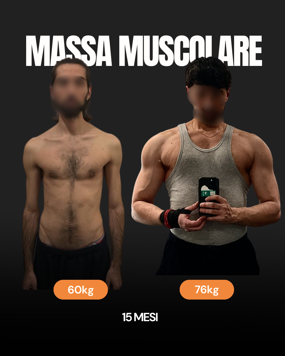 Aumento di massa muscolare, vista frontale: prima e dopo 15 mesi