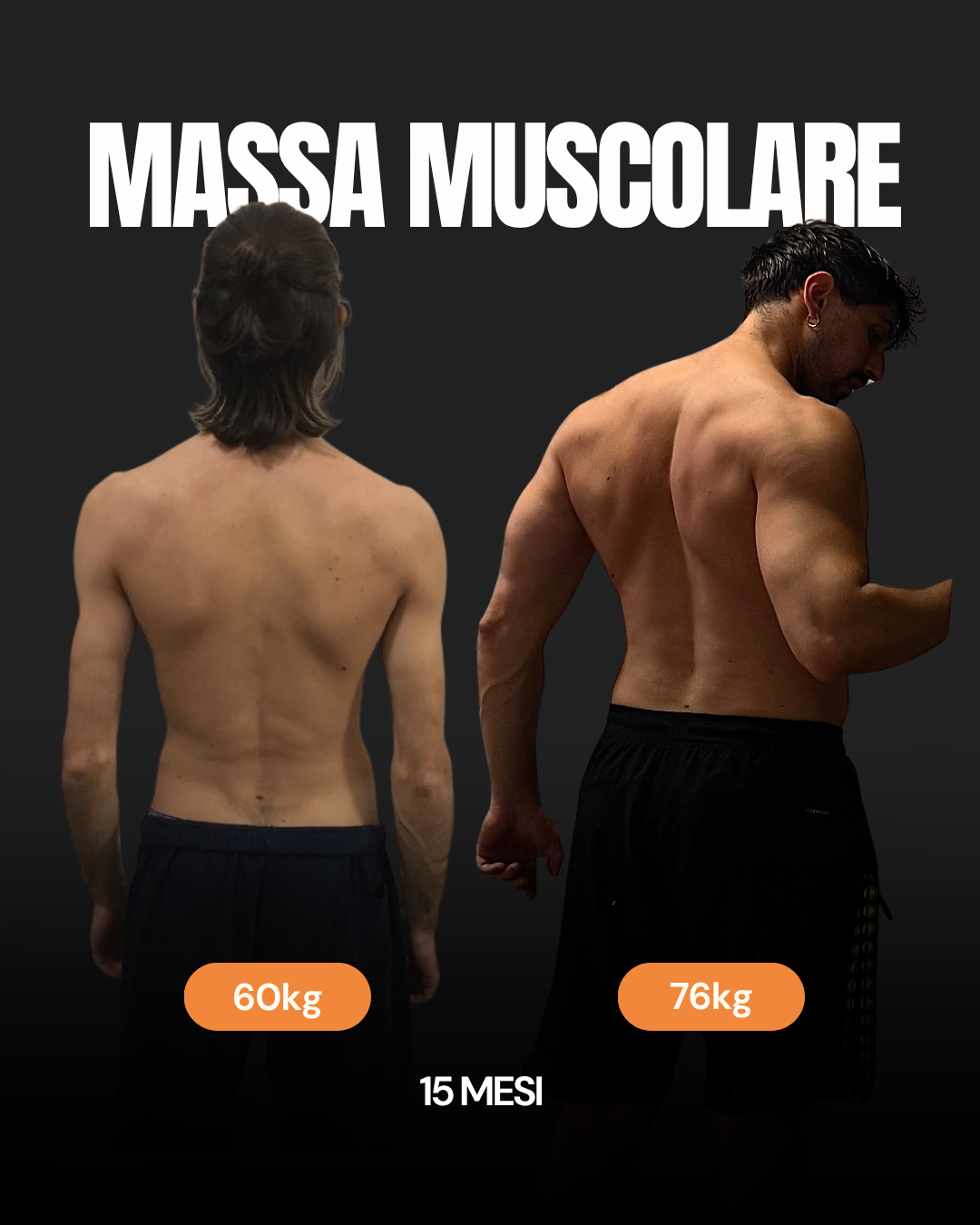 Aumento di massa muscolare, vista posteriore: prima e dopo 15 mesi