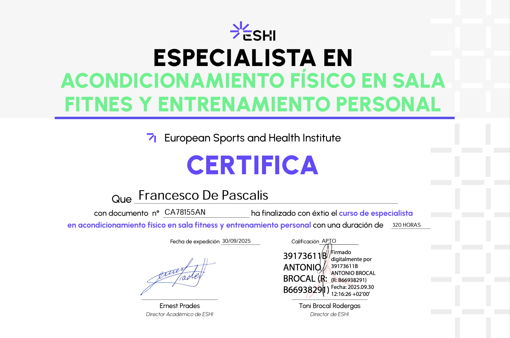 Certificato ESHI Spagna